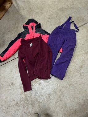 Kids Pink and Black Puffer Jacket with Purple Snow Pants